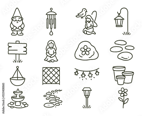 Garden decoration icon set. linear garden, gnome, lantern, fountain, statue, flower vector icons.