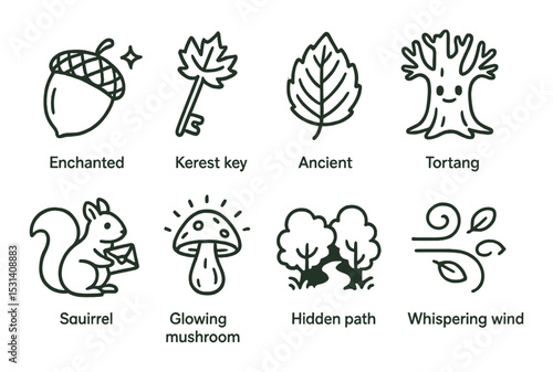 Enchanted forest set. magical nature linear icons: acorn, key, leaf, tree vector icons