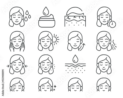 Face skincare icon set. beauty routines linear designs: mask, cream, cleanse, moisturize vector icons.