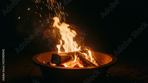 Glowing campfire with wood logs and sparks at night outdoors  