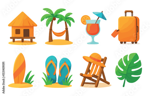 Beach vacation set. summer, travel, flat icons: hut, palm, cocktail, luggage, surfboard vector icons.