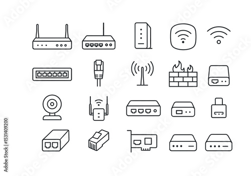 Network device set. linear router, modem, firewall, wifi, ethernet, webcam vector icons.
