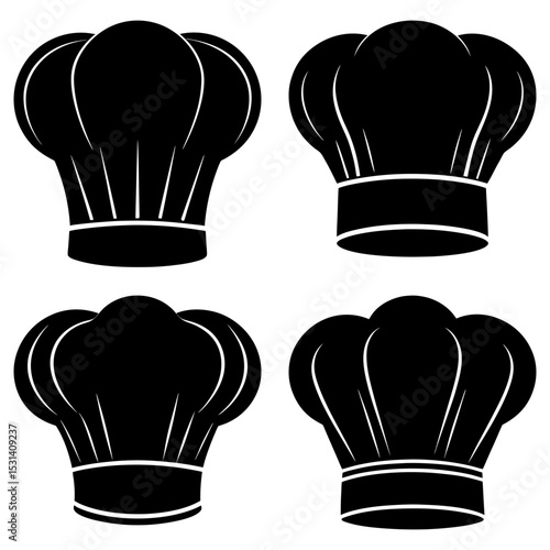 Four black chef hats in varying styles displayed on a white background in a simple vector illustration