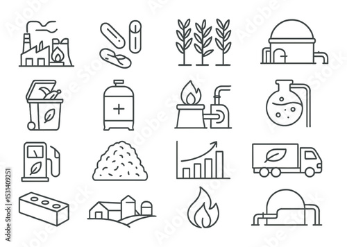 Renewable energy icon set. ecology, recycling, biogas, wind, solar, farming silhouette vector icons