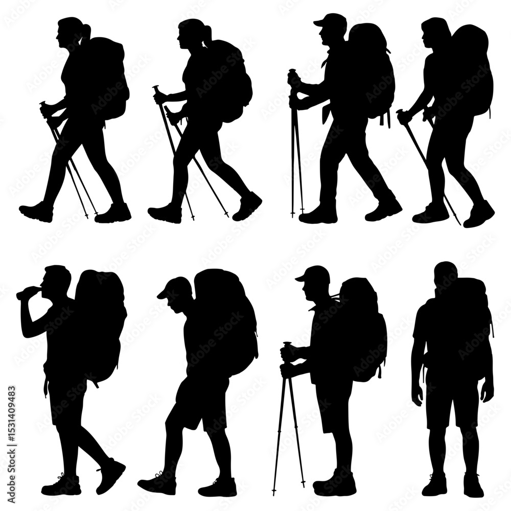 Obraz premium Silhouettes of hikers with backpacks and poles