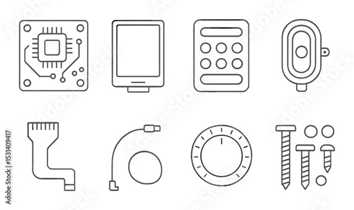 Technology gadget set. flat electronics: chip, tablet, remote, usb, button, dial, screw icons.