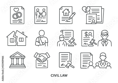 Legal document set. civil law linear contracts, court, agreement, justice vector icons
