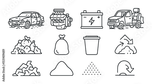 Vehicle maintenance set. car, engine, battery, truck, garbage, recycling, waste collection linear vector icons.