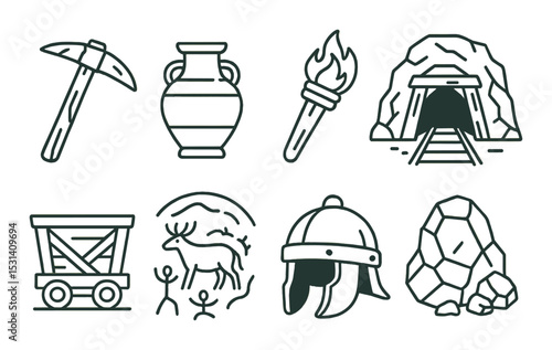 Cave exploration set. archaeology adventure linear pickaxe, torch, helmet, mine icons.