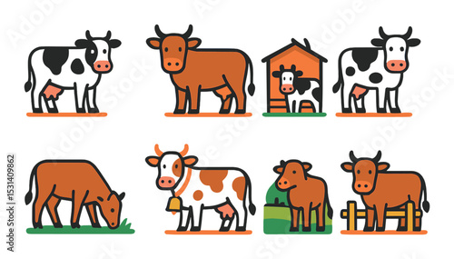 Farm animal set. linear cow, calf, milk, barn, pasture, fence, bale, bell vector icons.