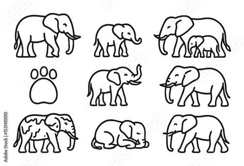 Elephant icon set. wildlife illustration flat icons: elephant, baby, paw, herd vector icons.