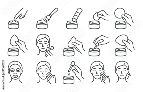 Skincare routine icon set. beauty, clean, makeup, cosmetic steps silhouette vector icons.