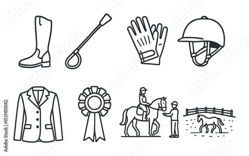 Equestrian gear set. horse riding linear boots, helmet, gloves, rider, badge vector icons.