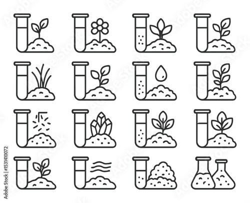 Test tube icon set. science and nature silhouettes: test tube, plant, soil, seed, liquid vector icons.