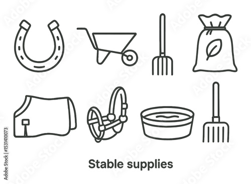 Stable supplies set. equestrian equipment linear icons: horseshoe, wheelbarrow, saddle vector icons.