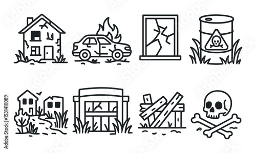 Apocalypse icon set. post-apocalyptic flat icons. house, car, window, barrel, vector icons.