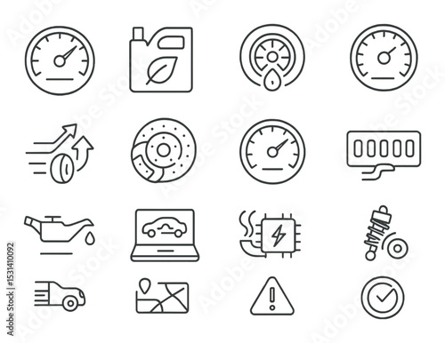Automobile maintenance set. car repair linear gauges, oil, map, alert, speedometer vector icons.