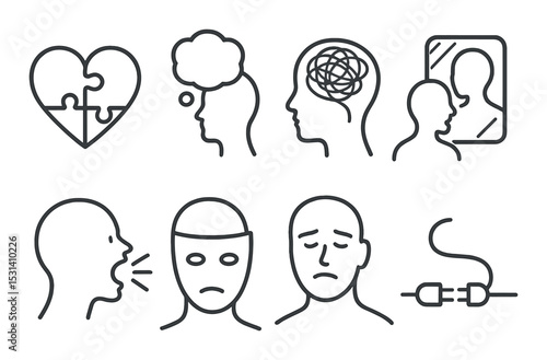 Mental health set. therapy and support linear icons: heart, brain, face, mask vector icons