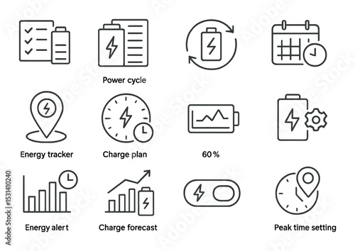 Energy management icon set. power, battery, tracker, charge, alert, linear vector icons.