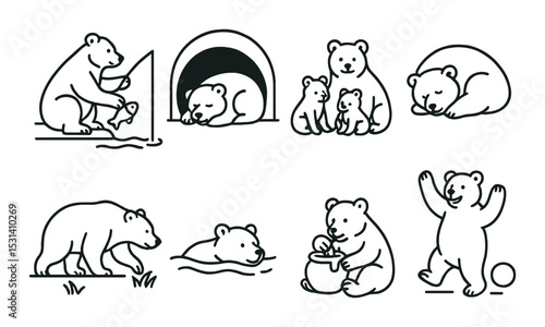Bear icon set. wildlife animal silhouette bears, cubs, sleep, fish, cave, honey vector icons.