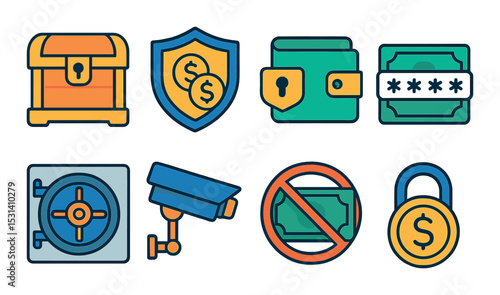 Finance security set. flat lock, safe, camera, wallet, coin, money, shield vector icons.