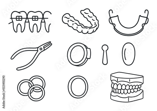 Dental tool set. oral health silhouette: braces, retainer, denture, forceps vector icons