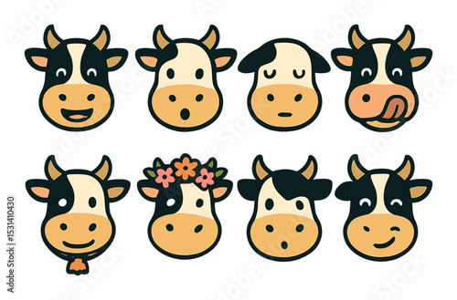 Animal face set. cartoon cow faces silhouette style. expressions, emotions, smiling vector icons.