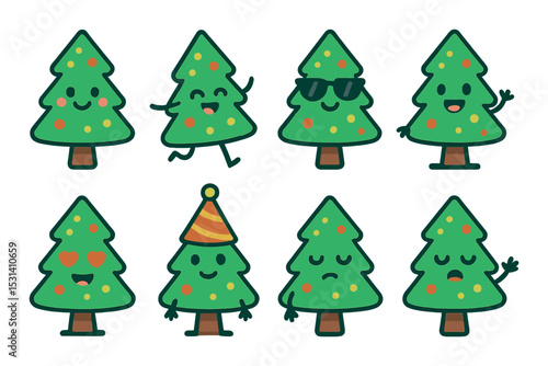 Christmas tree emoji set. holiday emoticons, happy, sunglasses, party, love, sleepy, flat vector icons.