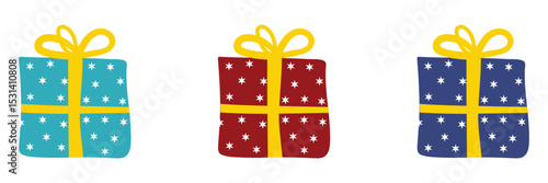  Hand drawn cute gift box icon set. Gift box with a ribbon and bow. Hand-drawn, minimalist style perfect for use in holiday cards, celebration invitations, birthdays, Christmas, New Year, or any. 