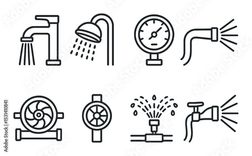 Plumbing tools set. water supply silhouette icons. faucet, shower, gauge vector icons.