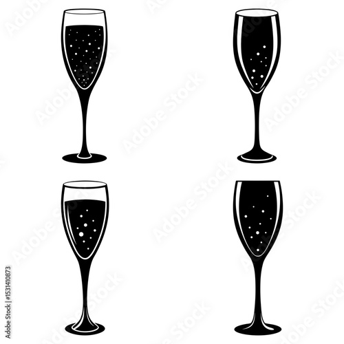 Four champagne flutes filled with bubbly liquid in a black and white vector illustration style image