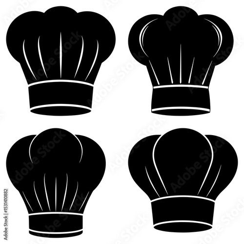 Collection of four chef hats in black silhouette with varying shapes and styles on a white background