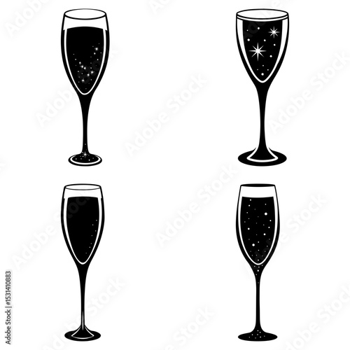 Four champagne flutes with varying contents in black and white minimalist vector illustration style
