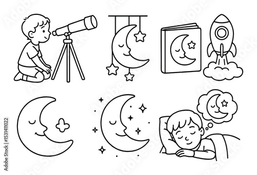 Night sky icons set. child dreaming silhouette. moon, stars, telescope, rocket, book vector icons.