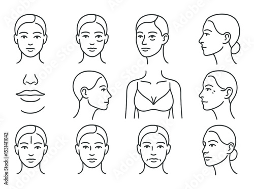 Facial expression set. human emotions linear faces. profile, lips, hair vector icons.