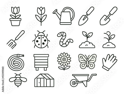 Garden tool set. linear gardening equipment: shovel, rake, spade, hose, plant vector icons