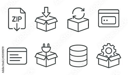 Packaging box set. delivery, download, database, silhouette icons. plug, storage vector icons.