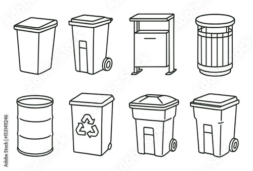 Trash bin set. garbage, recycling, waste, dumpster, trash can, container linear vector icons.