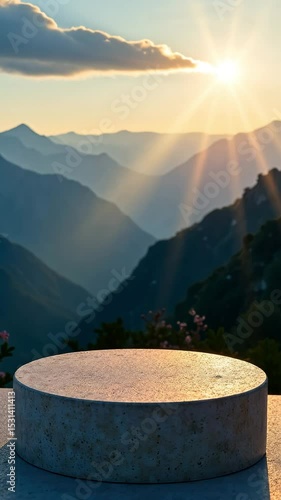 AI Generative Podium for cosmetic products on mountains background, free space for goods