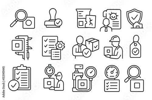 Quality control set. linear inspection, checklists, stamps, shield, clipboard vector icons.
