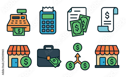 Finance set. money management flat style. cash, calculator, receipt, shop vector icons.
