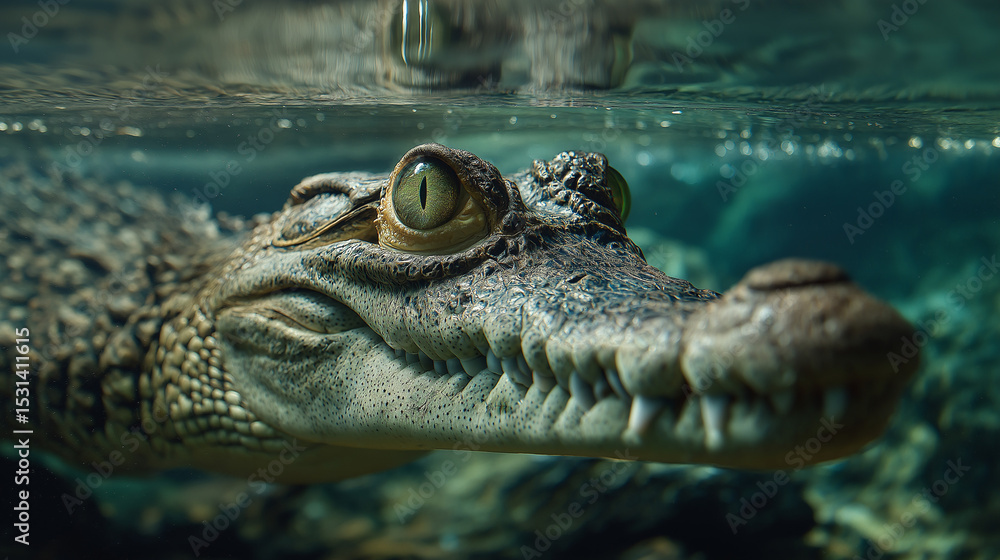 Obraz premium Close up gavial under the river in the background 4K