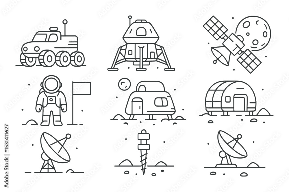Space exploration set. linear mars, satellite, lunar rover, astronaut, rocket, spacecraft vector icons. Space exploration set. linear mars, satellite, lunar rover, astronaut, rocket, spacecraft vector icons.
