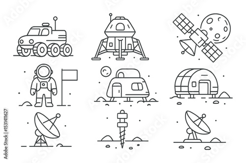 Space exploration set. linear mars, satellite, lunar rover, astronaut, rocket, spacecraft vector icons.