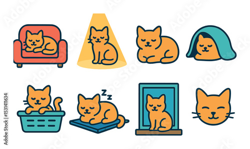 Cat icon set. cozy, sleepy, playful cats in flat style. sofa, blanket, basket, window vector icons.