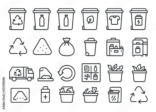 Recycling bin set. waste management linear containers. bin, trash, bottle, plant vector icons.