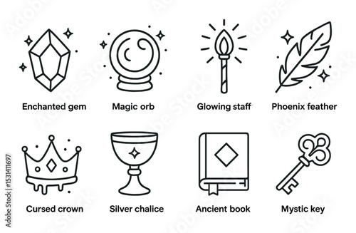 Fantasy artifact set: magical elements linear style. gem, orb, feather, book, key vector icons.
