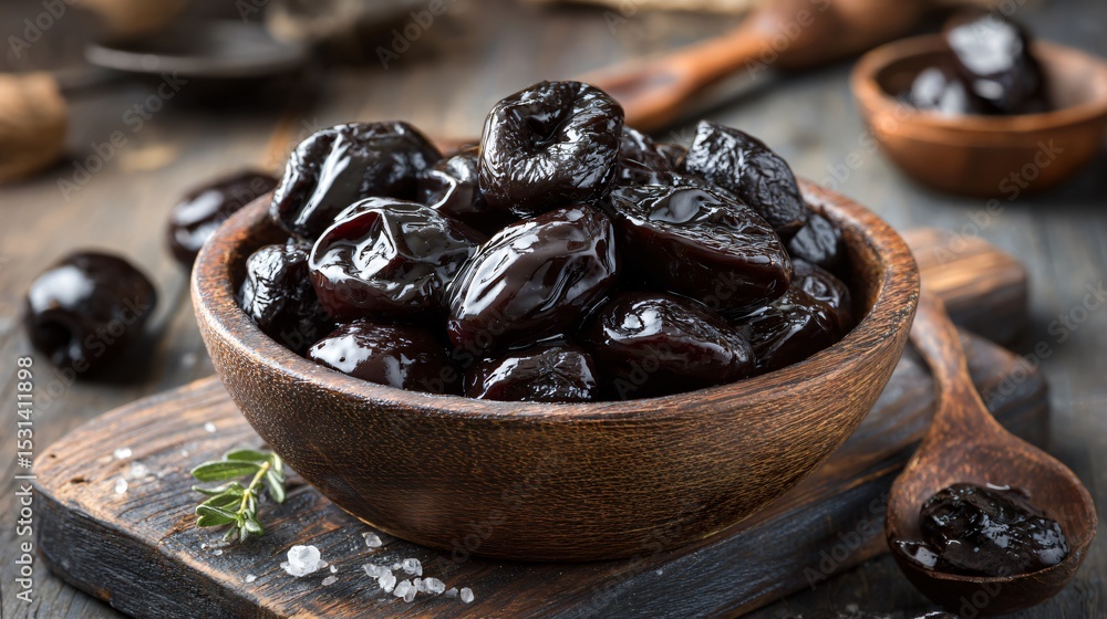 A bowl of glossy chocolate prunes, soft-focus background with rustic kitchen tools A bowl of glossy chocolate prunes, soft-focus background with rustic kitchen tools