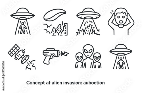 Alien invasion icon set. Auboction space icons