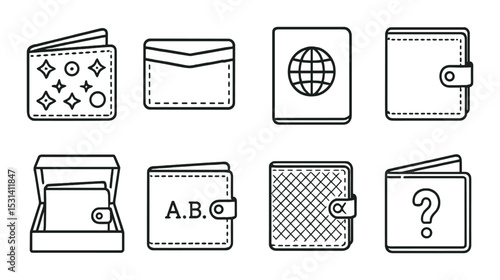 Wallet set. stylish linear wallets. cardholder, passport, globe, question mark icons.